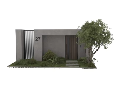 Garden Landscape Design With Gray Building House Number 27 Tree And Green Plants 3d model