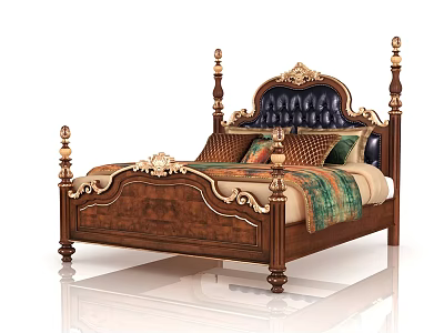 Classical Carved Wooden Double Bed With Gold Accents Leather Headboard And Colorful Pillows 3d model