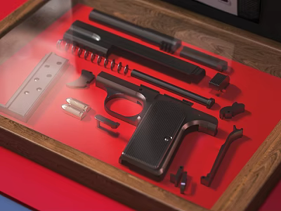 Decorative Ornament Set Showcasing Gun Model Parts Arranged In Wooden Tray On Red Background 3d model