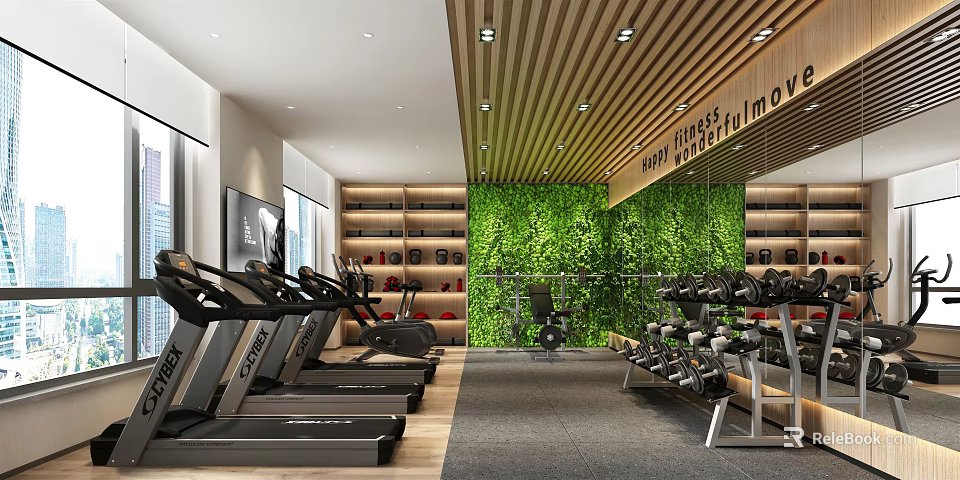 Modern Fitness Gym Interior With Treadmills Dumbbells Green Plant Wall And Workout Shelves 3d model 