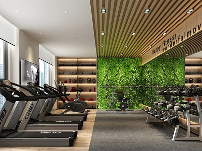 Modern Fitness Gym Interior With Treadmills Dumbbells Green Plant Wall And Workout Shelves 3d model