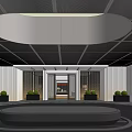 Modern Exhibition Hall Interior Featuring Glass Curtain Wall Sofa Green Plant And Reflective Floor