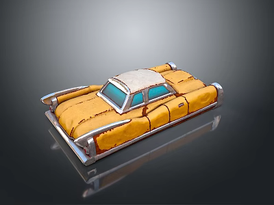 Yellow Vintage Car Model With White Roof Blue Windows And Worn Glossy On Dark Background 3d model