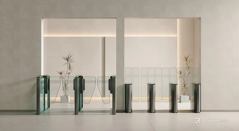 Modern Hall Interior With Symmetric Doors Green Plants Light Floor And Recessed Lighting 3d model 