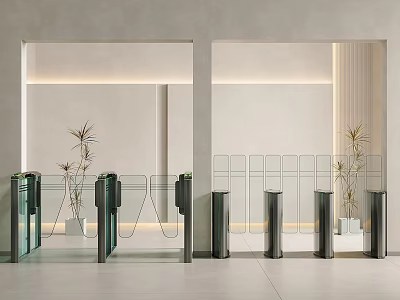 Modern Hall Interior With Symmetric Doors Green Plants Light Floor And Recessed Lighting 3d model