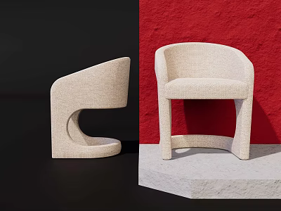 Modern Minimalist Beige Upholstered Single Chair With Curved Backrest And Armrests On Black Red Platform 3d model