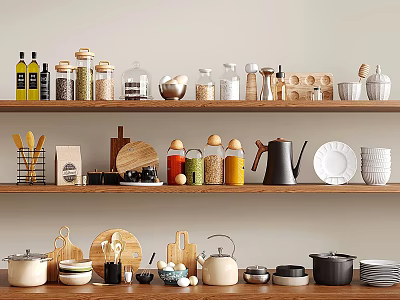 Organized Spice Jars On Kitchen Wooden Shelves With Glass Containers And Utensils 3d model