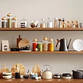 Organized Spice Jars On Kitchen Wooden Shelves With Glass Containers And Utensils