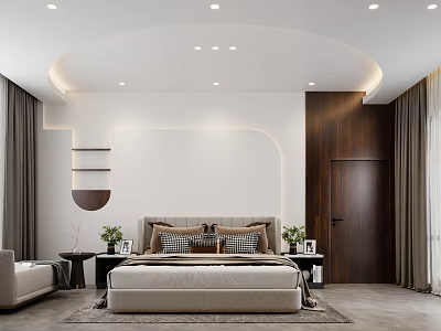 Modern Bedroom Interior with Bed Nightstand Curtains Wooden Door and Round Decoration Wall Shelf 3d model