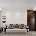 Modern Bedroom Interior with Bed Nightstand Curtains Wooden Door and Round Decoration Wall Shelf
