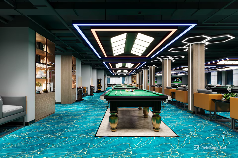 Modern Billiard Room With Green Pool Table Ceiling Lighting And Blue Carpet 3d model 