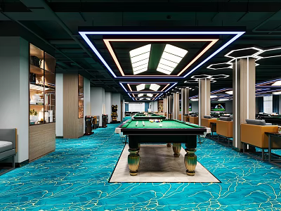 Modern Billiard Room With Green Pool Table Ceiling Lighting And Blue Carpet 3d model