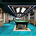 Modern Billiard Room With Green Pool Table Ceiling Lighting And Blue Carpet 3d model