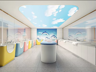Swimming Pool With Colorful Bathtubs Blue Sky Ceiling Dolphin Wall Paintings And White Circular Counter 3d model