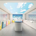Swimming Pool With Colorful Bathtubs Blue Sky Ceiling Dolphin Wall Paintings And White Circular Counter
