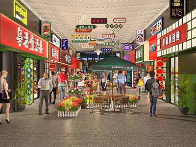 Bustling Commercial Street With Colorful Storefronts Pedestrians Flower Decorations And Green Umbrellas 3d model