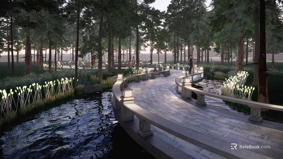 Stone Bridge Road Facilities Surrounded by Trees and Water With Street Lamps People Walking 3d model 