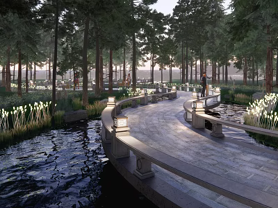 Stone Bridge Road Facilities Surrounded by Trees and Water With Street Lamps People Walking 3d model