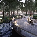 Stone Bridge Road Facilities Surrounded by Trees and Water With Street Lamps People Walking