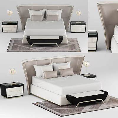 Modern Double Bed with Upholstered Headboard Nightstands Table Lamps and Area Rug 3d model