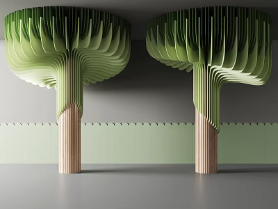 Two Modern Green Pillars With Fan Shaped Tops And Wooden Bases 3d model