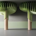 Two Modern Green Pillars With Fan Shaped Tops And Wooden Bases