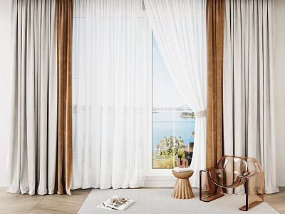 White Sheer Curtains With Brown Drapes In Living Room Sea View Window Design 3d model