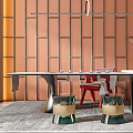 Tea Room With Orange Grid Wall Long Table Red Chairs Green Vase Lighting And Rug