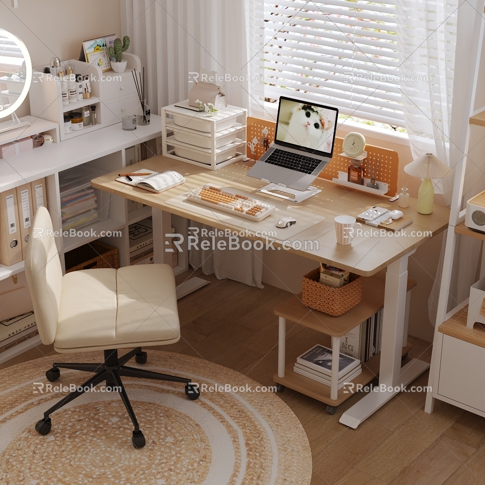 Nordic Style Study Log Style Cream Style Desk Chair Hole Board Ornaments Bookcase 3d model