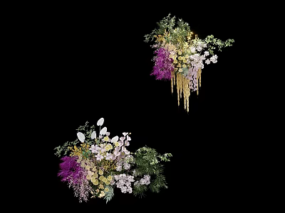Decorative Floral Bouquets With Purple White Flowers Green Foliage And Hanging Elements 3d model