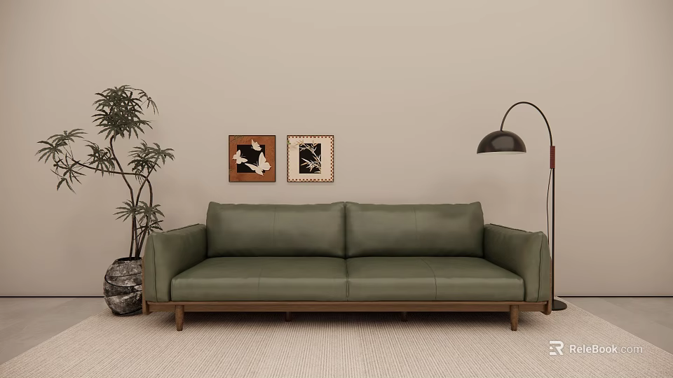 Green Leather Three-Seat Sofa with Wooden Legs Black Floor Lamp Wall Art and Potted Plant 3d model 