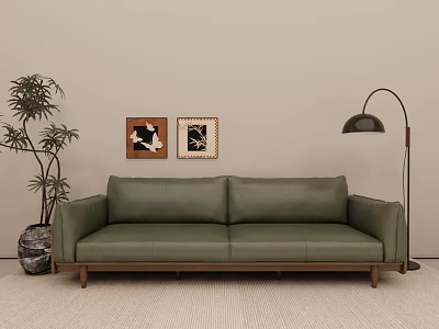 Green Leather Three-Seat Sofa with Wooden Legs Black Floor Lamp Wall Art and Potted Plant 3d model