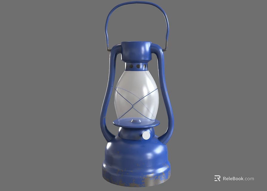 Blue Vintage Candle Lantern With Metal Frame Transparent Shade And Handle 3d model 