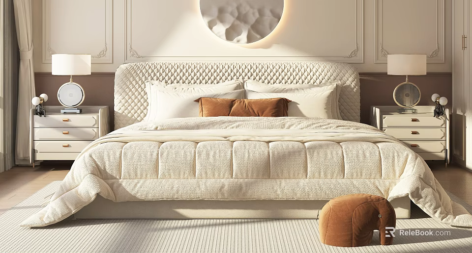 Modern Double Bed With Upholstered Quilted Headboard White Comforter Round Wall Decor And Nightstand Lamps 3d model 
