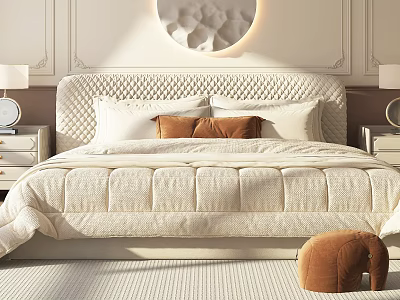 Modern Double Bed With Upholstered Quilted Headboard White Comforter Round Wall Decor And Nightstand Lamps 3d model