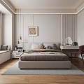 Modern Bedroom Interior With Large Bed Window Seat Desk Red Chair And Decorative Painting
