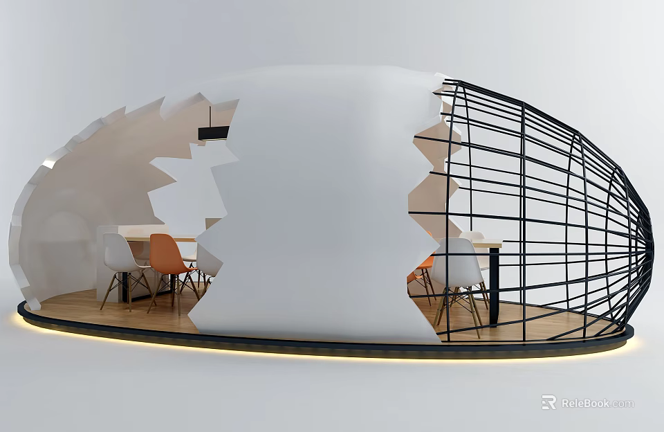 Modern Office Desk Setup With Unique Eggshell Structure And Colorful Chairs 3d model