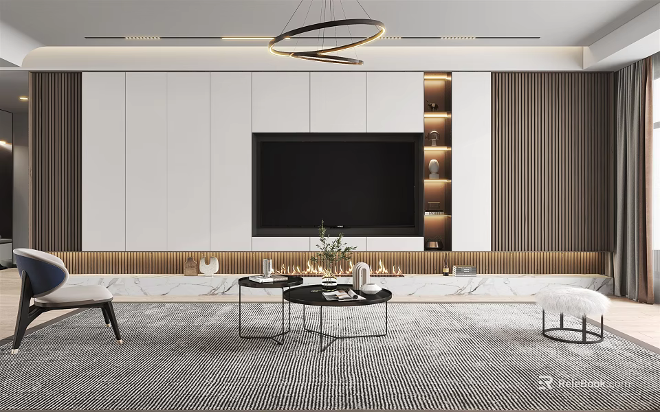 Modern Open Living Dining Space With TV Wall And Chic Furniture 3d model 