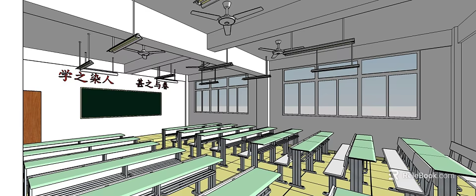 School Classroom Interior With Rows Of Desks And Chairs Blackboard Ceiling Fans And Windows 3d model 