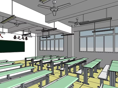 School Classroom Interior With Rows Of Desks And Chairs Blackboard Ceiling Fans And Windows 3d model