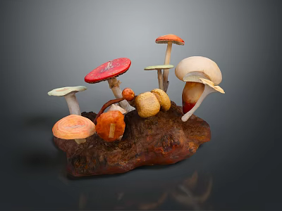 Colorful Mushrooms Growing on Natural Wood Log with Various Sizes and Shapes 3d model