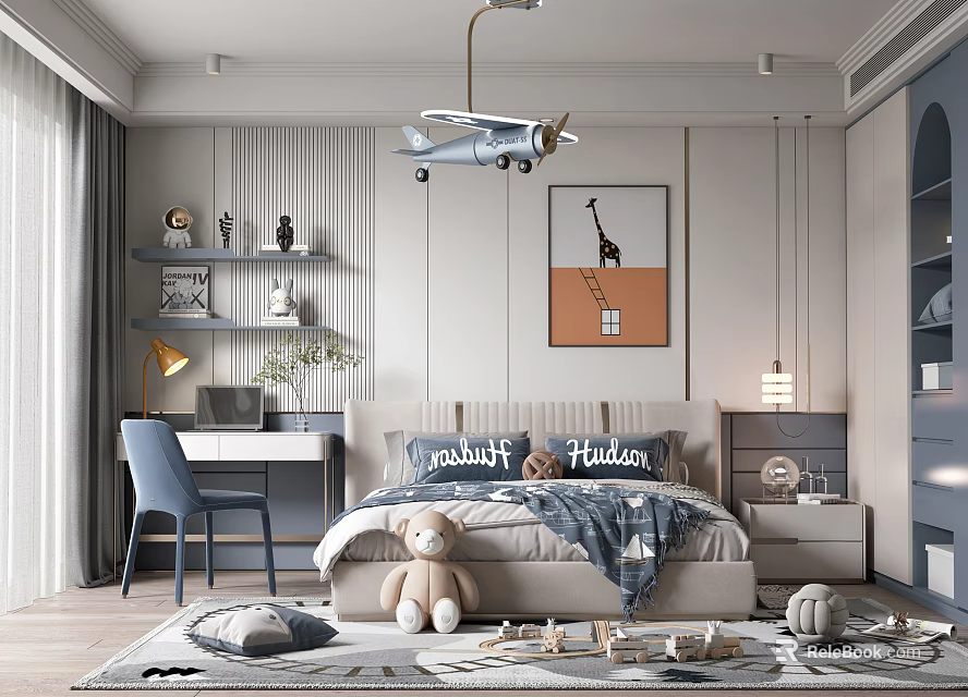 Modern Kids Room Design With Bed Desk Chair Teddy Bear Airplane Chandelier And Artwork 3d model 