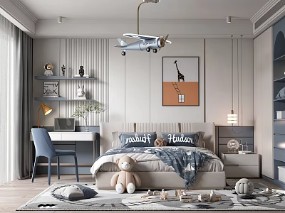 Modern Kids Room Design With Bed Desk Chair Teddy Bear Airplane Chandelier And Artwork 3d model