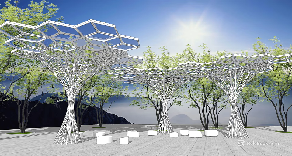 Modern Garden Landscape Featuring Tree Like Canopy Green Trees And White Seating 3d model