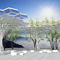 Modern Garden Landscape Featuring Tree Like Canopy Green Trees And White Seating 3d model