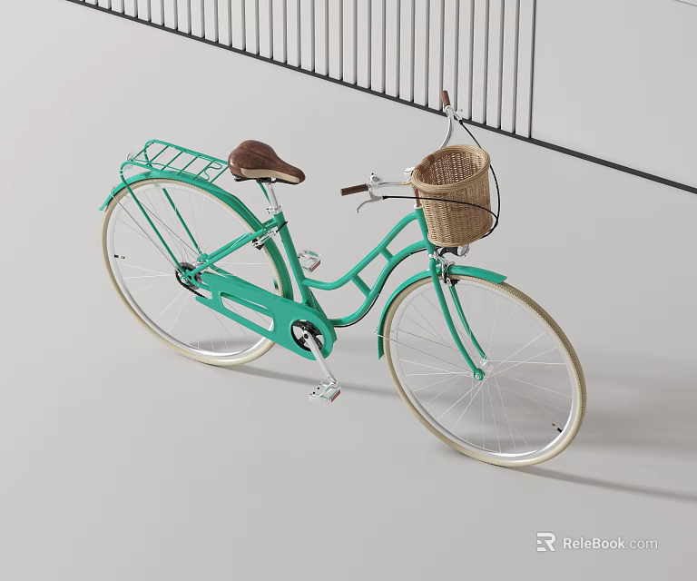 Teal Bicycle With Wicker Basket And Brown Seat 3d model