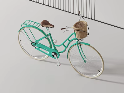 Teal Bicycle With Wicker Basket And Brown Seat 3d model