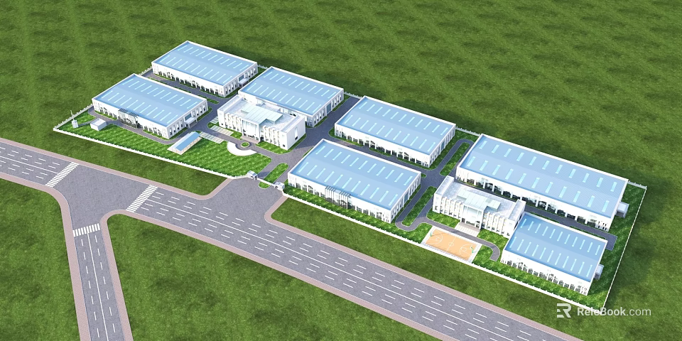 Modern Industrial Factory Complex Aerial View With Blue Roofs Green Lawns Roads And Supporting Facilities 3d model 