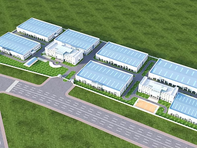 Modern Industrial Factory Complex Aerial View With Blue Roofs Green Lawns Roads And Supporting Facilities 3d model