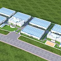 Modern Industrial Factory Complex Aerial View With Blue Roofs Green Lawns Roads And Supporting Facilities